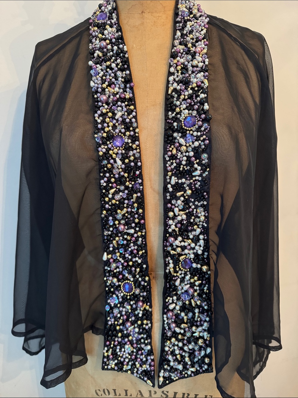 Beaded Black Evening Cape Collar with Purple and Gold Accents